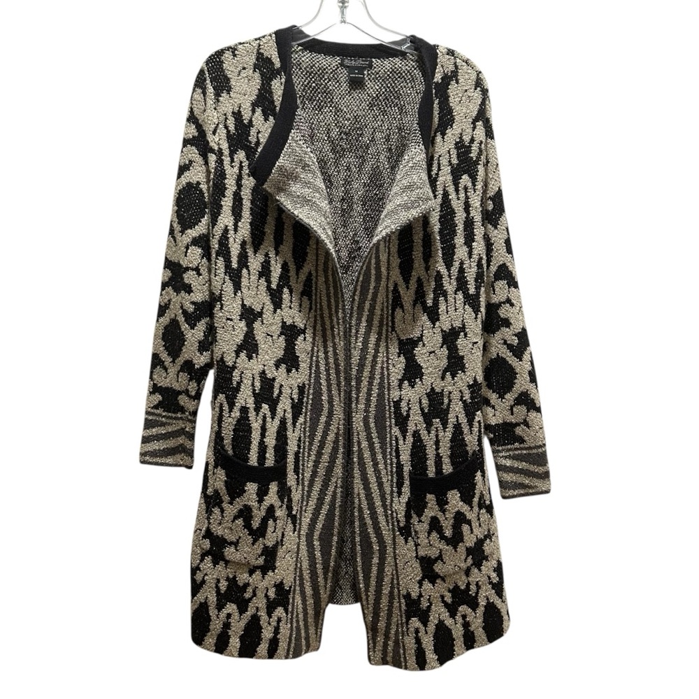 Lucky Brand Black, Cream, Gray Textured Long Line Open Cardigan Sweater - Medium